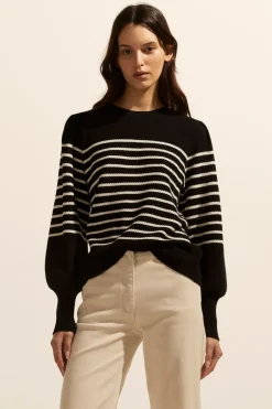 zoe kratzmann Knitwear|Gather Knit-Black/Stone Stripe