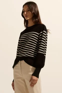 zoe kratzmann Knitwear|Gather Knit-Black/Stone Stripe